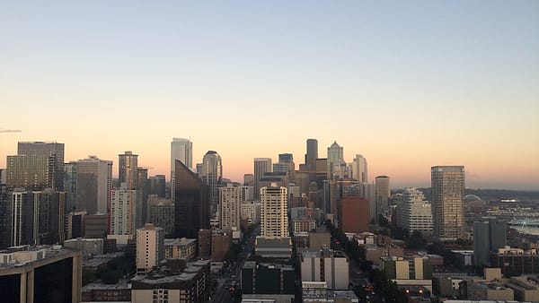 The downtown Seattle skyline seen from a high floor between Second and Third Avenues in Belltown