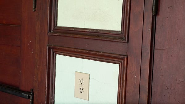 Woodwork and door frames in the lobby of the former city hall at Hartington, Nebraska, now a city auditorium
