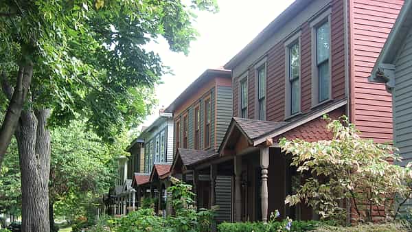 A row of double shotgun houses on North Dorman Street in the Cottage Home district of Indianapolis