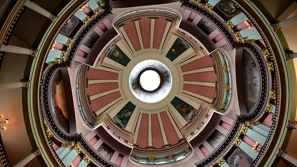 The painted interior of the rotunda dome of the Old Courthouse in St. Louis, Missouri, seen from below