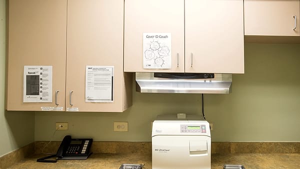 A newly built treatment corridor at the Lytle Community Health Center in Texas, with doors to each room