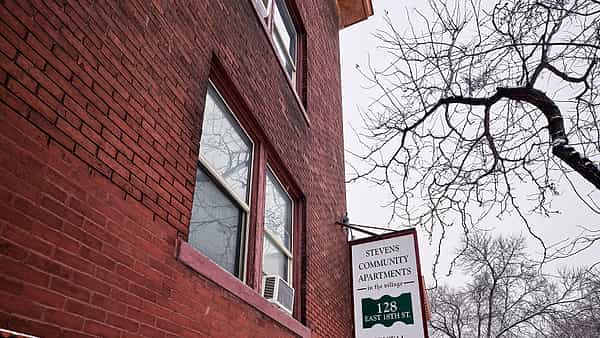 The leasing office of an apartment community on East 18th Street in Minneapolis on a snowy winter day