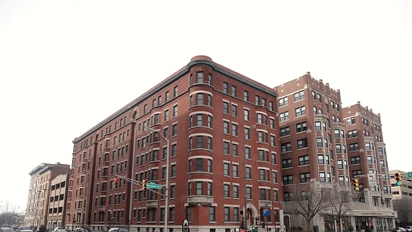 A block of residential buildings in downtown Indianapolis, Indiana, seen along the street frontage