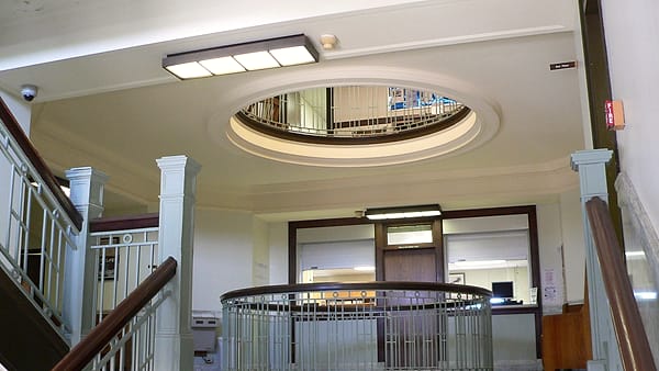 The east stairs of the Scotts Bluff County Courthouse in Gering, Nebraska, seen from the first landing