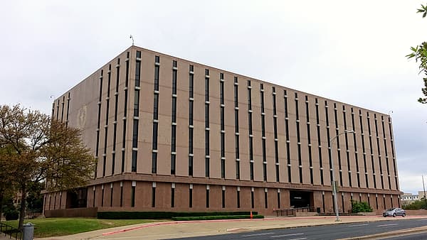 The John H. Reagan State Office Building in Austin, Texas, seen across the street from the front