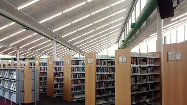 The reading floor of the Michigan City Public Library in Indiana, with shelving and study tables under high windows