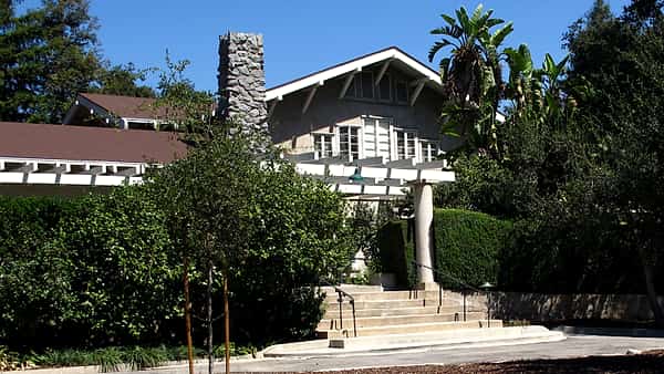 The porch entrance of the Lanterman House on Encinas Drive in La Canada Flintridge, California