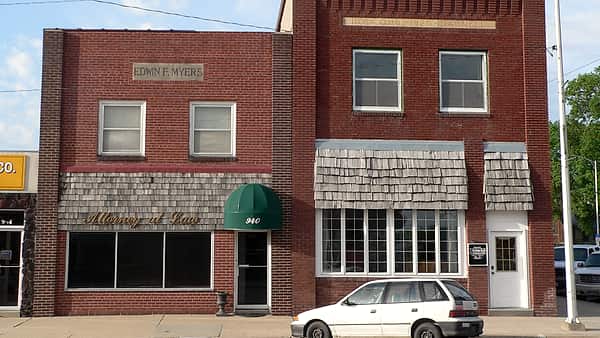 Businesses along the west side of South D Street in downtown Broken Bow, Nebraska, including a law office