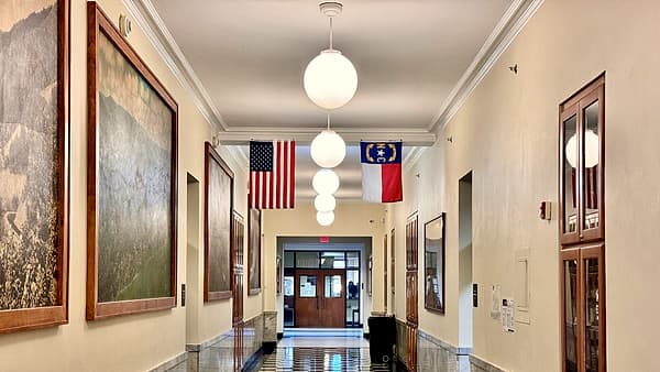 The interior of the Cherokee County Courthouse in Murphy, North Carolina, looking along the public floor