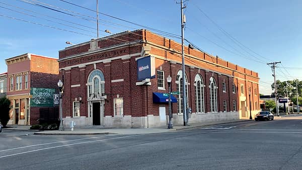 The People's National Bank Building in Lawrenceburg, Indiana, seen along its street frontage