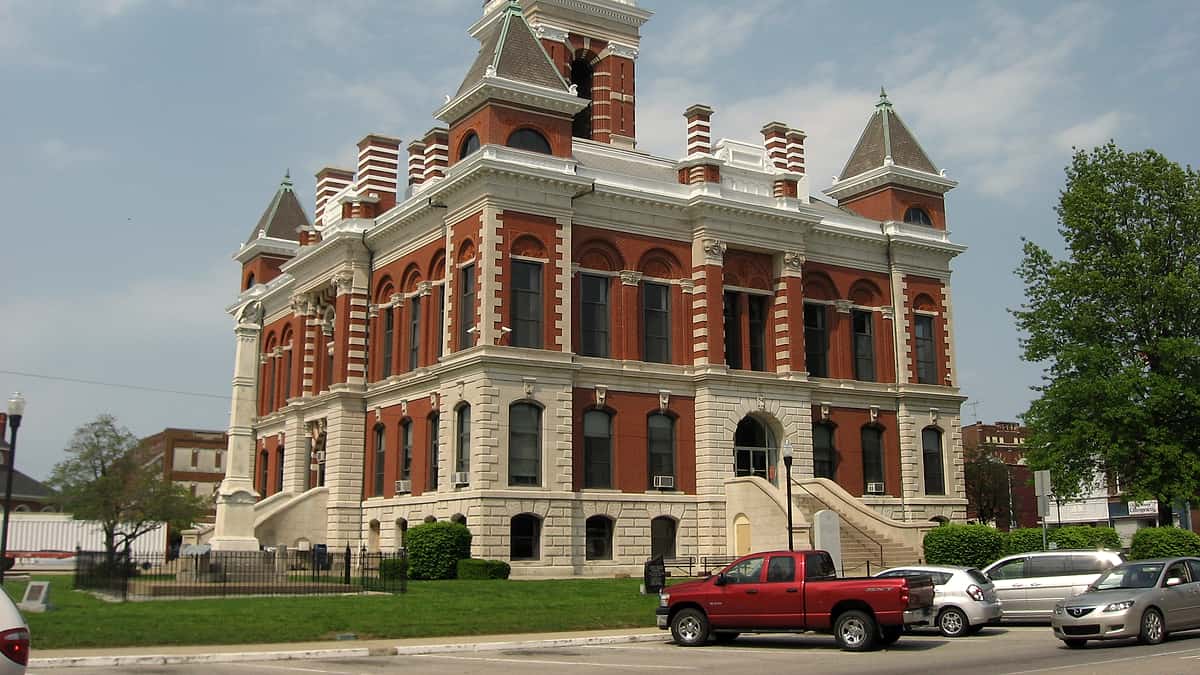The southern front of the Gibson County Courthouse on Courthouse Square in Princeton, Indiana