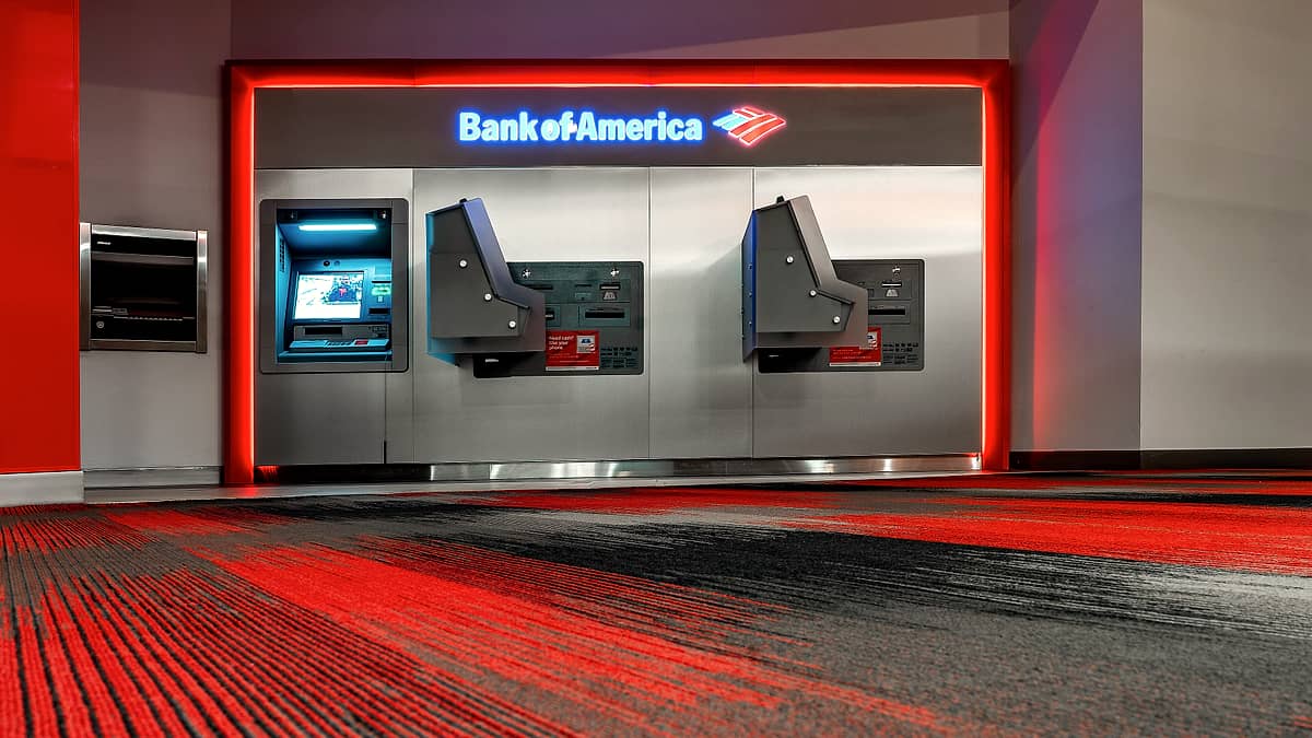 A row of bank cash machines inside the IDS Center in downtown Minneapolis, Minnesota