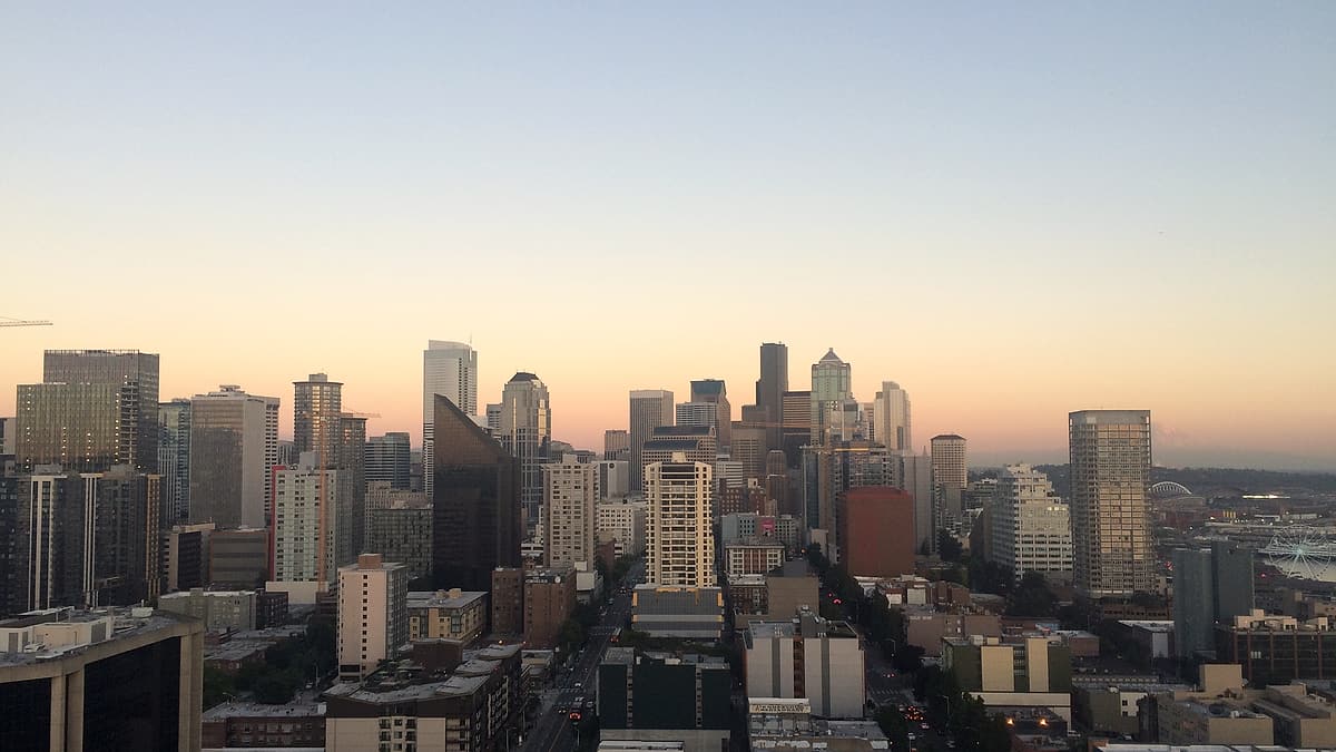 The downtown Seattle skyline seen from a high floor between Second and Third Avenues in Belltown