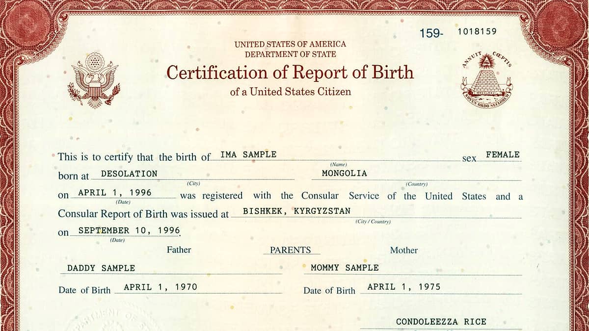 A Certification of Report of Birth of a United States Citizen, the printed form filled in and sealed