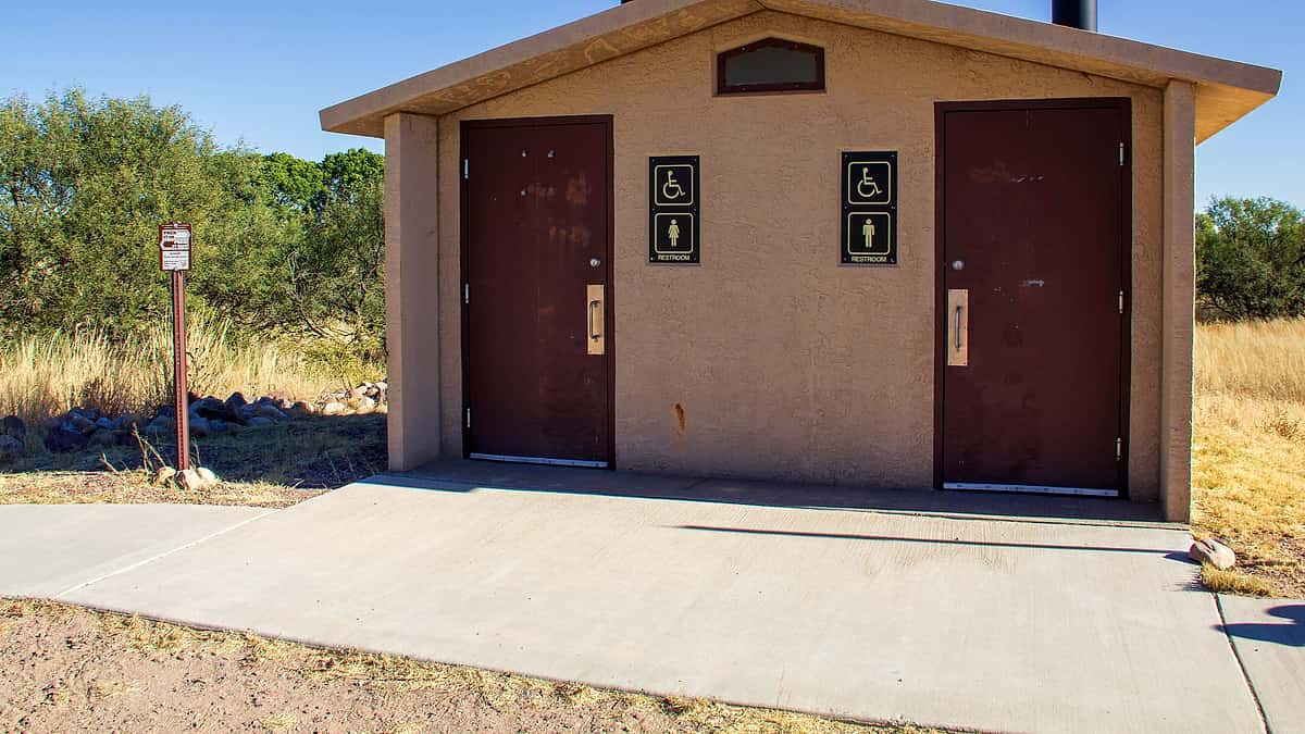 An accessible bathroom with grab rails and a wide turning space, built near Empire Ranch in Arizona
