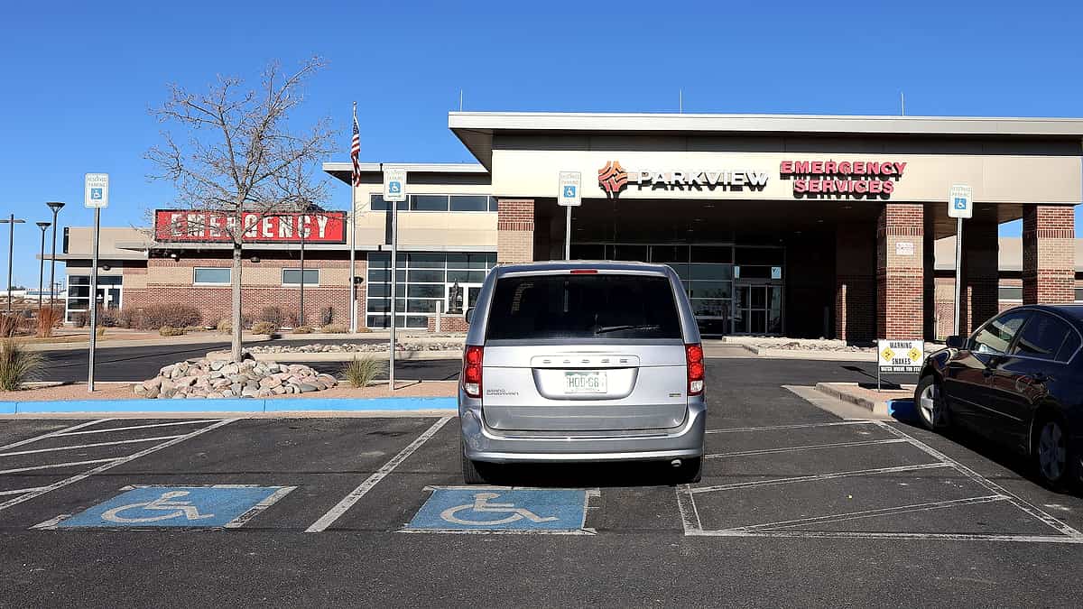 The emergency services entrance at Parkview Pueblo West Hospital on East Industrial Boulevard in Colorado