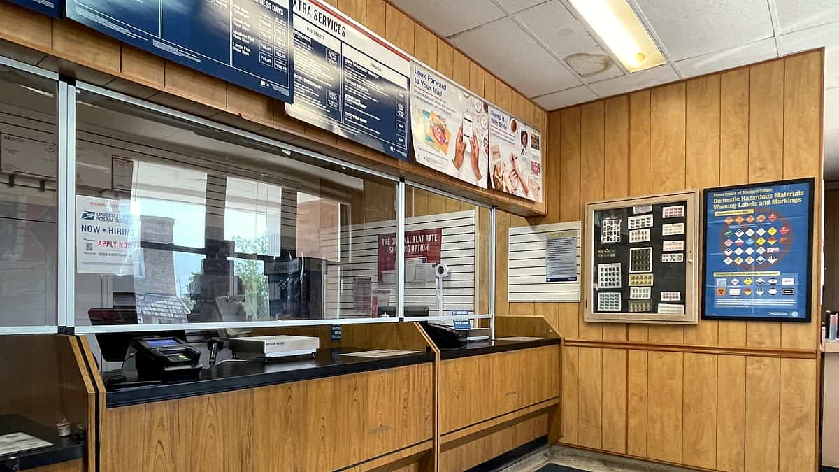 The lobby of the post office at Beech Grove, Indiana, seen from the entrance toward the far wall