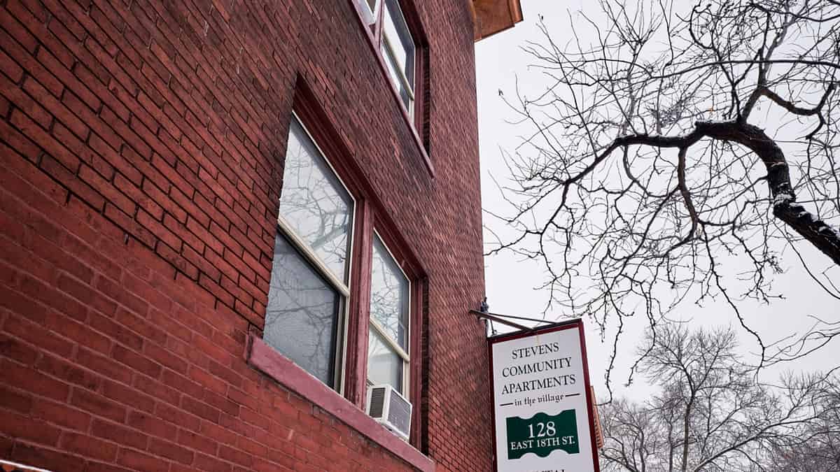 The leasing office of an apartment community on East 18th Street in Minneapolis on a snowy winter day