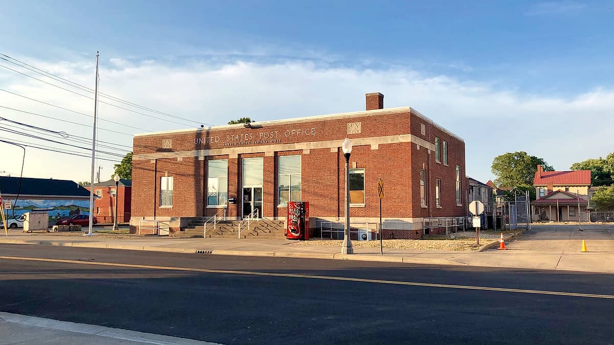 The United States Post Office building at Lawrenceburg, Indiana, photographed from across the street