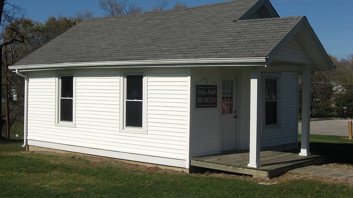 The Doc Mitchell Office, a small preserved consulting room standing in a park at Smithville, Indiana