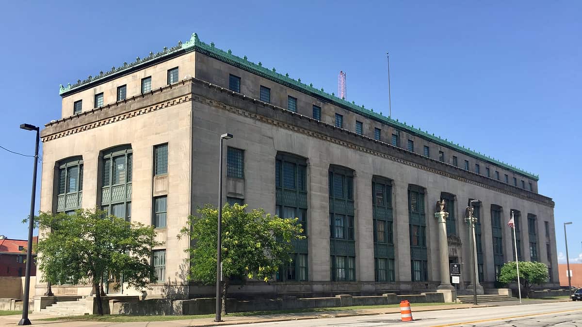 The Old Central Police Station in Cleveland, Ohio, seen from the pavement in front of its entrance