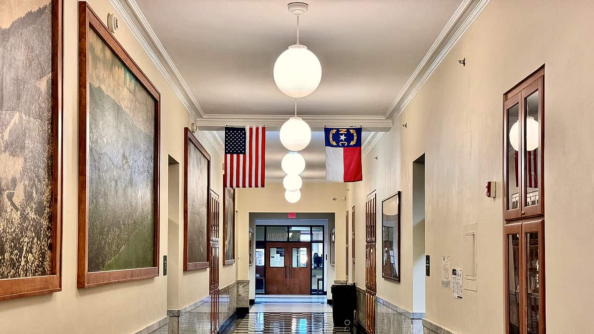 The interior of the Cherokee County Courthouse in Murphy, North Carolina, looking along the public floor