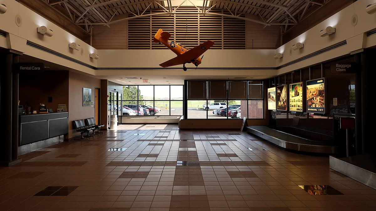 The terminal interior at Gillette-Campbell County Airport in Campbell County, Wyoming, seen from the seating area