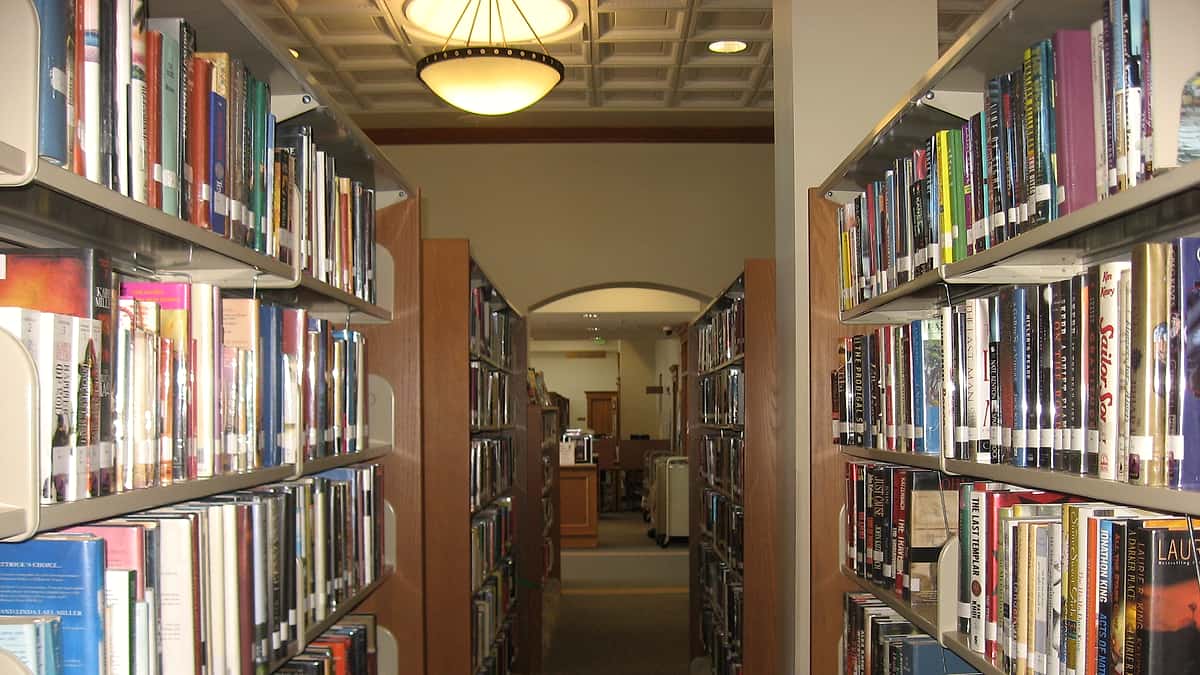 Shelves of books inside the Carnegie library on South Indiana Street in Danville, Indiana